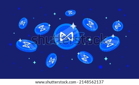 Axie Infinity (AXS) coins falling from the sky. AXS cryptocurrency concept banner background.