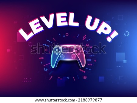 Level up, Neon game controller or joystick for game console on blue background.