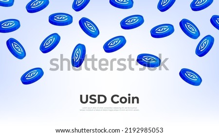 USD coin falling from the sky. USDC cryptocurrency concept banner background.