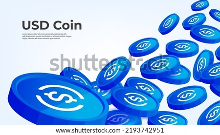 USD coin falling from the sky. USDC cryptocurrency concept banner background.