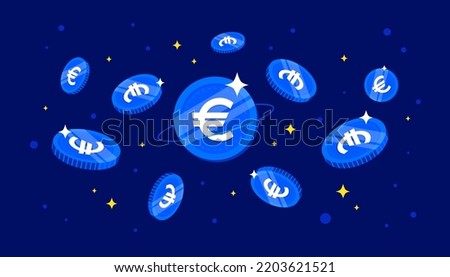 Digital Euro coins on blue background. European Central Bank (ECB) concept banner background.