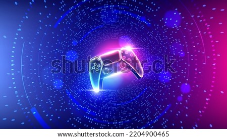 Neon game controller or joystick for game console in the center, perspective tunnel, virtual cyber space. Vector