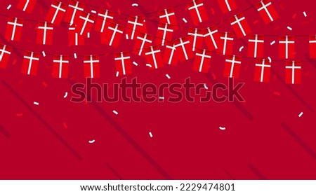 Denmark celebration bunting flags with confetti and ribbons on red background. vector illustration.