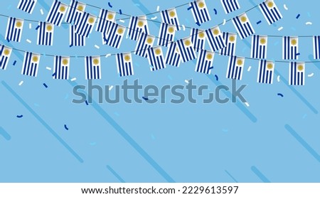 Uruguay celebration bunting flags with confetti and ribbons on blue background. vector illustration.