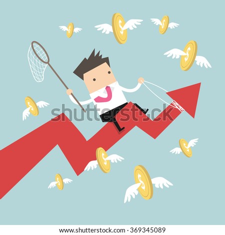 Businessman riding success arrow graph catch flying coins