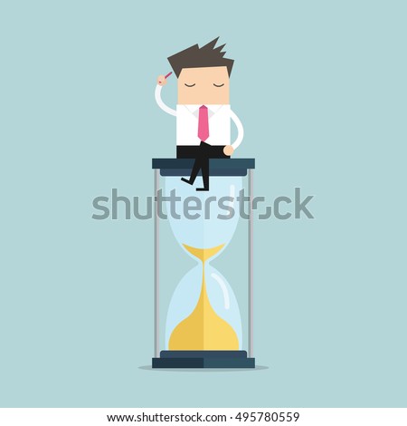 Businessman keeps thinking and sitting on a hourglass, creative thinking. vector