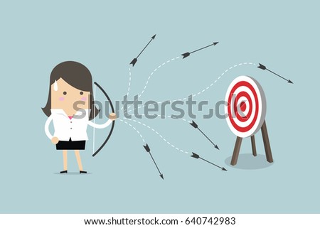 Businesswoman can not hit target with a bow and arrow. vector