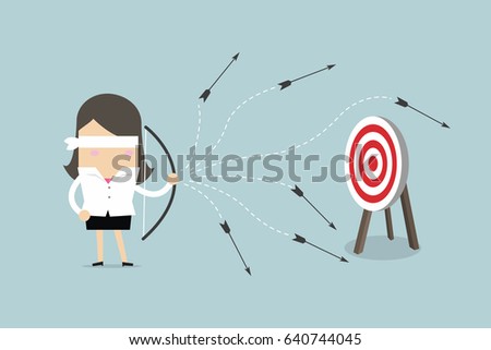 Blindfold businesswoman with bow and arrow misses the target. vector