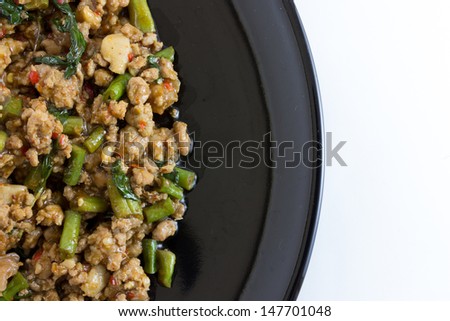 close-up image of Fried basil leave with pork is popular food of the thailand