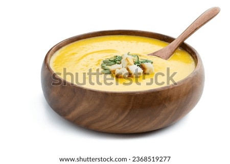 Similar – Image, Stock Photo Pumpkin creamy soup served on green leaf