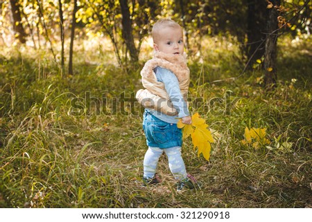 cute little baby in autumn park with yellow leaves