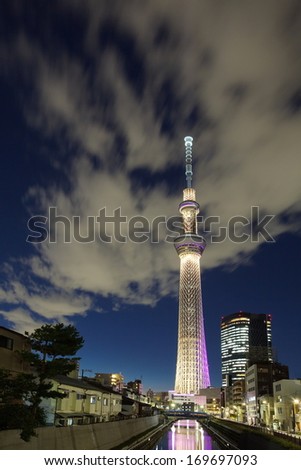 TOKYO -Nov 11 :View of Tokyo Sky Tree (634m) at night, the highest free-standing structure in Japan and 2nd in the world with over 10million visitors each year on NOV 11 ,2013 in Tokyo Japan