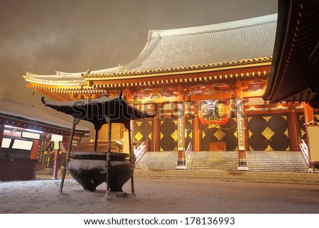 Japan temple , Asakusa Sensoji at snow falling time