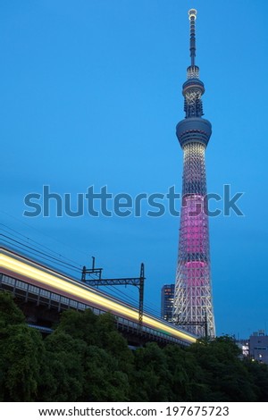 Tokyo - May 24 :Tokyo sky tree is the highest free-standing structure in Japan and 2nd in the world. In Sakura season Sky tree will be illuminate by pink LED light on May 24,2014 in Tokyo Japan