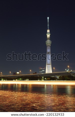 Tokyo - AUG 17 :Tokyo sky tree is the highest free-standing structure in Japan and 2nd in the world. In Summer Sky tree will be illuminate by many colorful LED light on AUG 17,2014 in Tokyo Japan