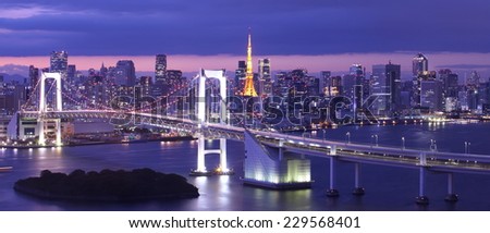 Beautiful night view of Tokyo Bay , Rainbow bridge and Tokyo Tower landmark