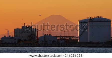 Beautiful Japan industry zone with Mountain Fuji at sunset time