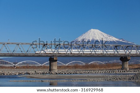 Shizuoka - JAN 13: Shinkansen bullet train and Mountain Fuji on JAN 13 ,2015 , Shizuoka ,Japan. Shinkansen is world\'s busiest high-speed railway operated by four Japan Railways companies.