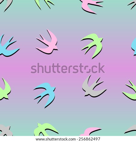 Cute colorful swallows. Birds seamless pattern, colorful background. Vector illustration. Abstract sunrise gradient background with flying birds.