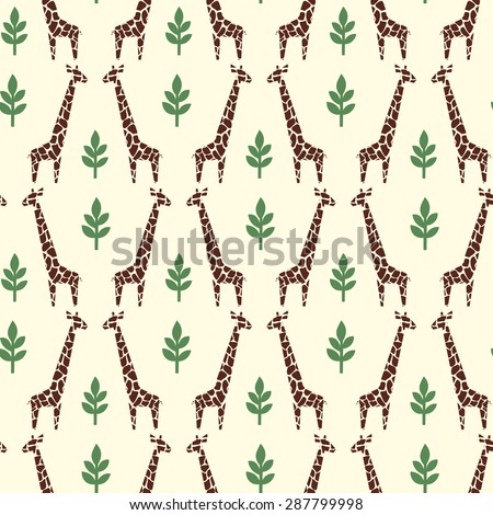 Giraffes seamless pattern. Safari animal background. Retro style colors illustration savannah. Jungle animals with tropical plants print.