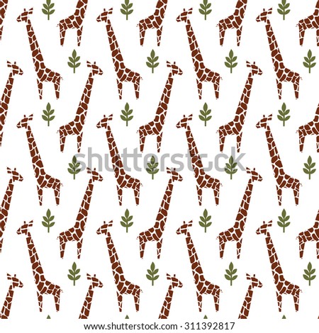 Giraffes seamless pattern. Safari animal background. Wild animals with tropical plants print.
