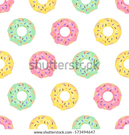 Donuts seamless pattern on white background. Cute sweet food baby background. Colorful design for textile, wallpaper, fabric, decor. 
