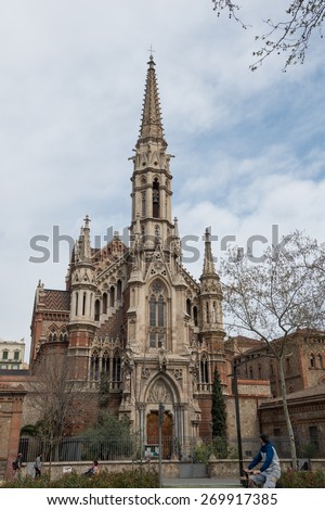 The Salesians Church built by an architect Joan Martorell Montells, Gaudi\'s teacher. Spring view in Barcelona, Spain - March 29, 2015