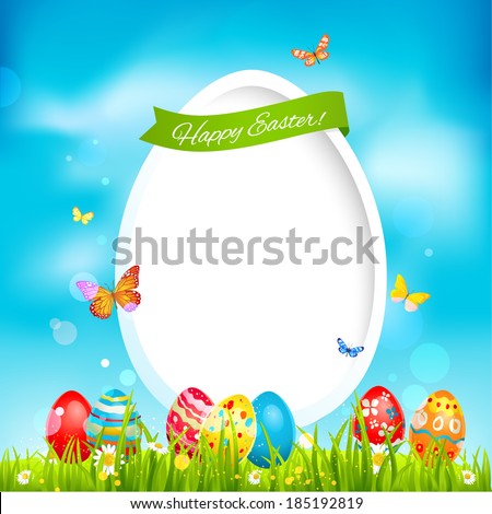 Holiday easter card with color eggs on green grass