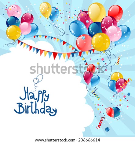 Birthday holiday balloons in blue sky with place for text.