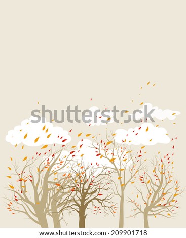 Fall background with trees and flying leaves. Place for text. Raster version.