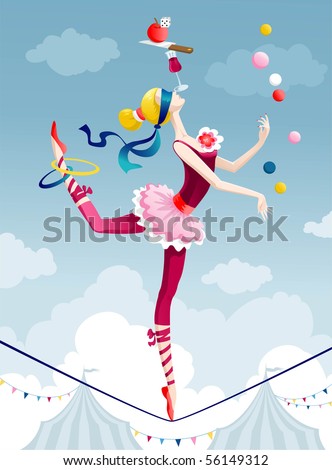 Circus performer juggling with balls on wire