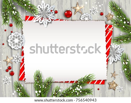 Holiday Christmas card with fir tree and festive decorations balls, stars, snowflakes on wood background. Christmas template for banner, ticket, leaflet, card, invitation, poster and so on