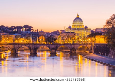 Sunset view at St. Peter\'s cathedral in Rome, Italy.
