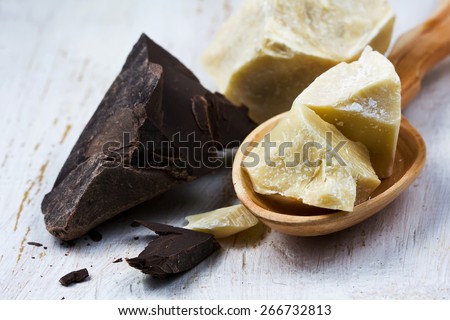 cocoa butter and cocoa mass on white background. selective focus