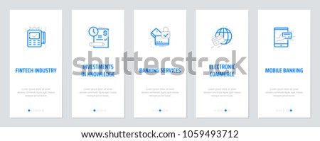 Fintech industry, Investments in knowledge, Banking services, Electronic commerce, Mobile banking Vertical Cards with strong metaphors. Template for website design.