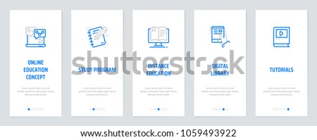 Online education concept, Study program, Distance education, Digital library, Tutorials Vertical Cards with strong metaphors. Template for website design.