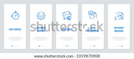 Fast service, Technical support, Monitored, User predictions, Efficiency measure Vertical Cards with strong metaphors. Template for website design.