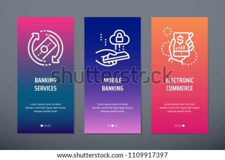Banking services, Mobile banking, Electronic commerce Vertical Cards with strong metaphors. Template for website design.