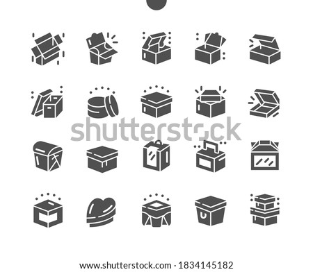 Carton packaging box. Delivery packaging open and closed box. Mail containers in various shapes. Vector Solid Icons. Simple Pictogram