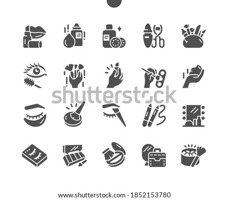 Decorative cosmetics and makeup brushes. Lipstick, mascara, eye patches, cream and powder. Beauty products. Vector Solid Icons. Simple Pictogram