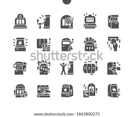 Slot machine. Gambling game. Rolling drums. Coin in hand. Casino and gambling industry. Entertainment area. Winning. Vector Solid Icons. Simple Pictogram