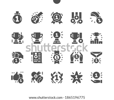 Awards and Trophies. Champion trophy cup, championship medal. Winner prize. Medal first place. Winner's certificate. Vector Solid Icons. Simple Pictogram
