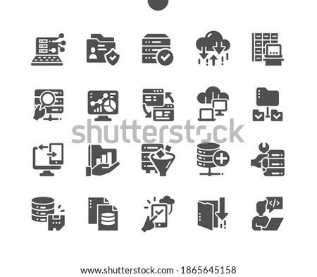 Big Data. User analysis, database security. Network folders, software developer. Cloud technology. Vector Solid Icons. Simple Pictogram