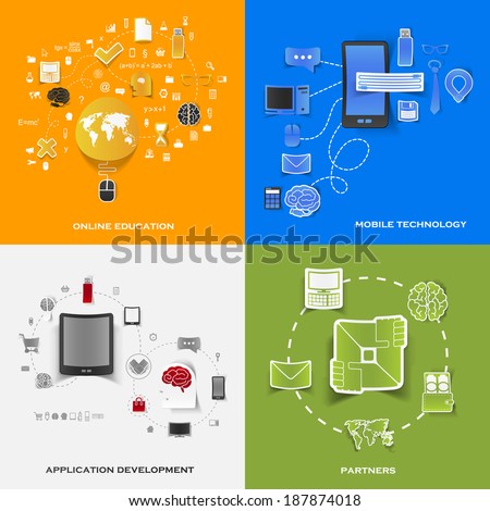 Set of modern stickers. Concept of online education and mobile technology and application development and partners. Vector eps10 illustration