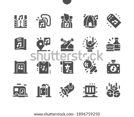 Music festival. Live performance. Party in park, camp. Food and drink. Festival access badge. Booklet with the schedule. Spotlight, star trailer and music scene. Vector Solid Icons. Simple Pictogram