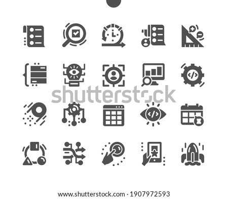 Agile development. Resource allocations. Process, software, quality, strategy. Project model. Code review. Vision and target user. Vector Solid Icons. Simple Pictogram