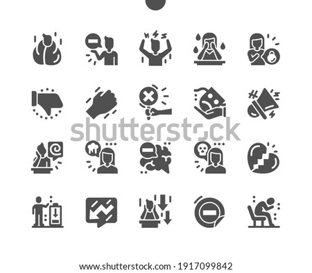 Negative thinking. Depression, aggression, sadness, experiences. Thoughts of death. Broken heart. Stress, angry, hate, mood, mad, furious. Vector Solid Icons. Simple Pictogram
