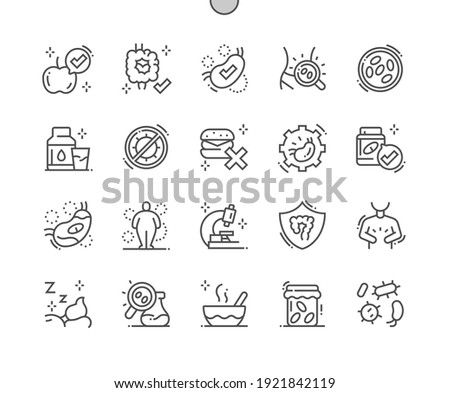 Gut flora. Beneficial bacteria. Protection of intestinal microflora. Stomach ache. Health care, medical and medicine. Pixel Perfect Vector Thin Line Icons. Simple Minimal Pictogram Imagine de stoc © 