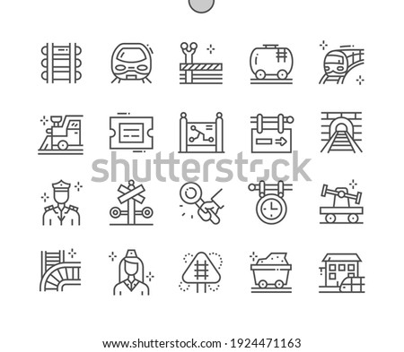 Railway. Signs at railway station. Train and locomotive. Direction, way, vehicle, railroad, transport, subway and road. Pixel Perfect Vector Thin Line Icons. Simple Minimal Pictogram