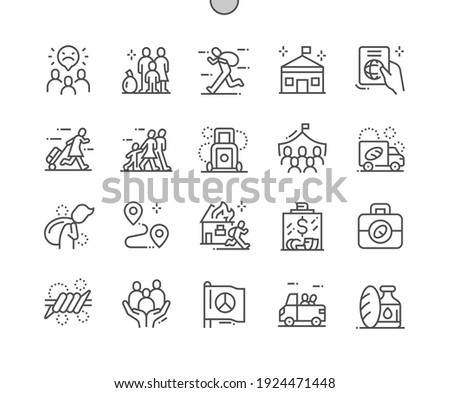 Refugee. Donations for refugees. Immigrant, migrant, homeless. Refugee family. Support and assistance. Pixel Perfect Vector Thin Line Icons. Simple Minimal Pictogram